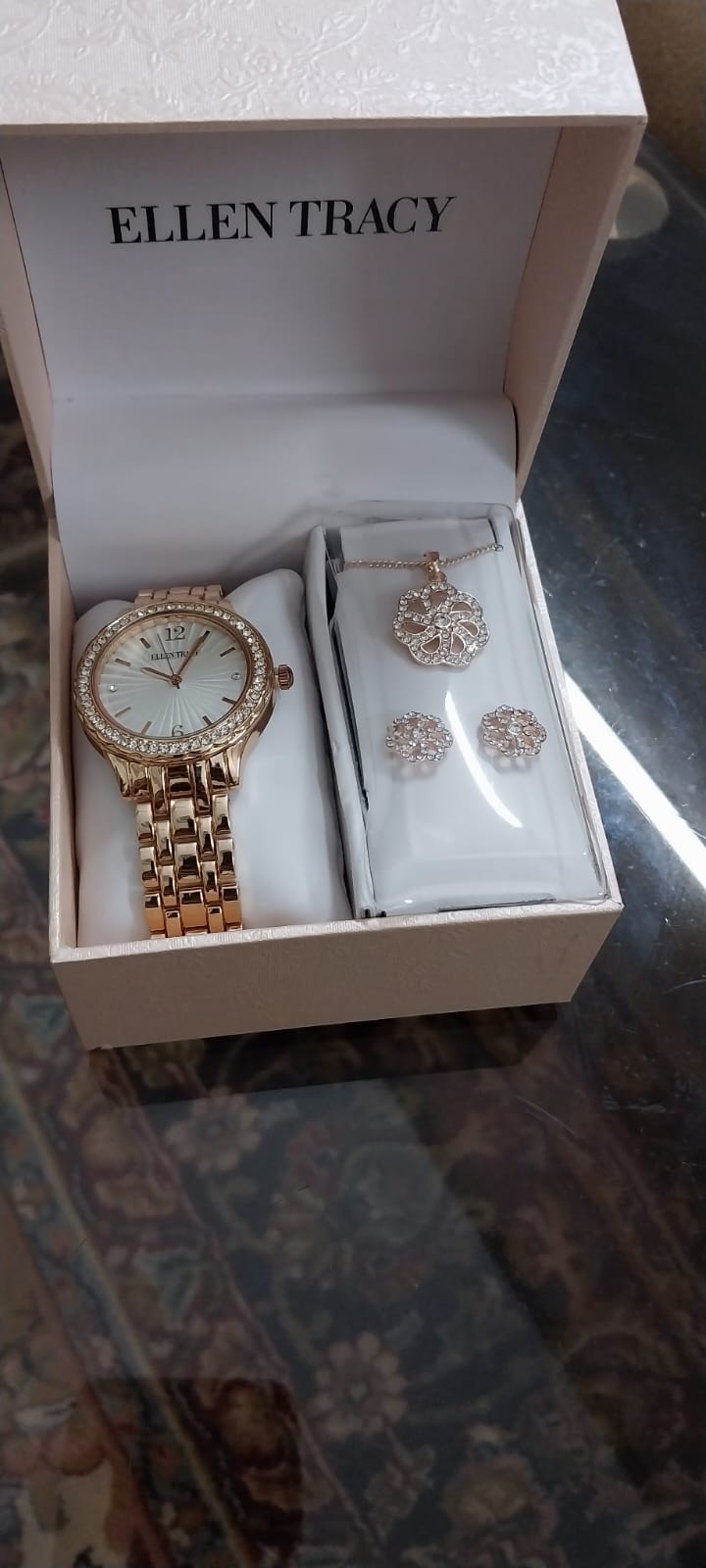 Ellen Tracy Women's Golden Watch & Pave Pendant & Earring Set Silver