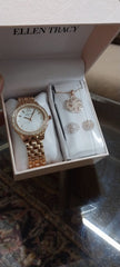 Ellen Tracy Women's Golden Watch & Pave Pendant & Earring Set Silver