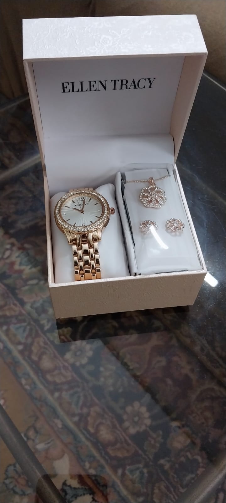 Ellen Tracy Women's Golden Watch & Pave Pendant & Earring Set Silver