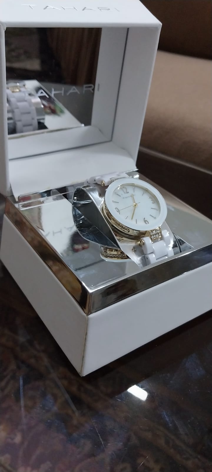 Tahari White Silver Stone Watch with Golden Accent