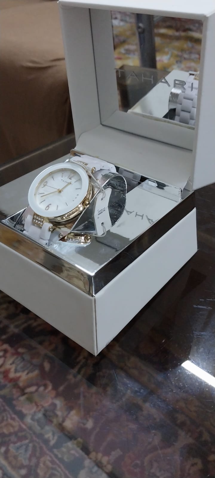 Tahari White Silver Stone Watch with Golden Accent